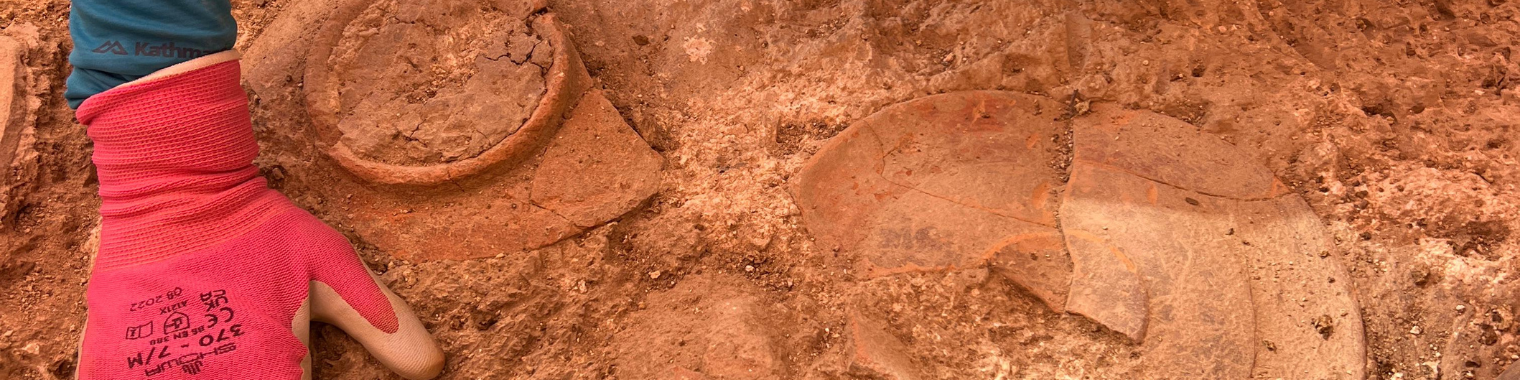 archaeologist's hand next two 2 pieces of pottery in the ground