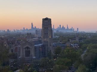 University of Chicago campus with Rockefeller Chapel in the forefront, view from the David Rubenstein Forum.